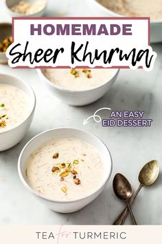 two bowls of homemade sher khrima with spoons and bowl on the side