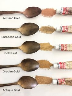 six spoons with different types of food on them and labeled in the labels below