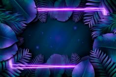 neon lights in the dark surrounded by tropical plants and leaves on a blue background with space for text