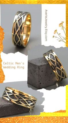 three different types of wedding rings are shown in gold and silver colors, with the words celtic men's wedding ring written below them