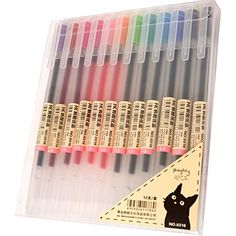 six different colored markers in a clear case with one black cat on the front and one red