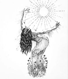 a drawing of a woman reaching up to the sun