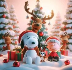 a christmas scene with snoopy, charlie the dog and his reindeer friends sitting in front of a christmas tree