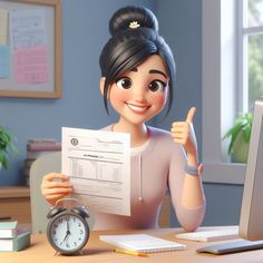 a cartoon character holding up a piece of paper in front of a computer desk with an alarm clock