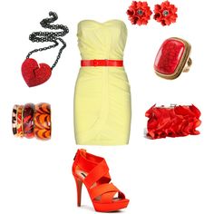 Yellow ruched dress with red Red Yellow, Don't Forget