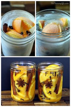 three pictures of jars filled with different types of desserts and ingredients to make them look like they are made out of orange slices