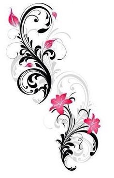 an artistic floral design with pink flowers and swirls on the side of a white background