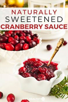 cranberry sauce in a white bowl on a table with fresh cranberries