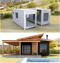 two pictures side by side of a house made out of shipping containers and the same one with doors open