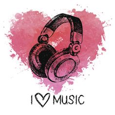 i love music with headphones on the pink watercolor splashed heart shape background