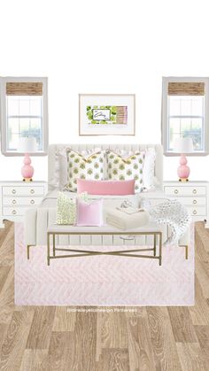 a white bedroom with pink and green accents