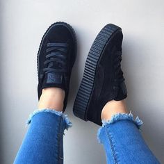 Puma x Rihanna Creepers Triple Black Rihanna Creepers, Black Creepers, Suede Creepers, Puma Creepers, Puma Rihanna, Grunge Tattoo, Pumas Shoes, Black Sneakers, Shoe Obsession