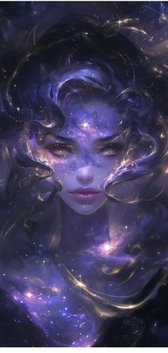 a woman with her hair blowing in the wind and stars above her head, surrounded by space