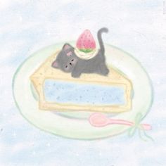 a drawing of a piece of cake on a plate with a cat and watermelon