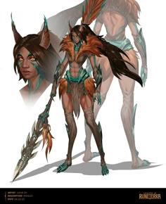 an image of some kind of creature with horns and wings on her head, standing next to another creature