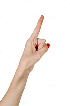 a woman's hand with red nail polish pointing to the left on a white background