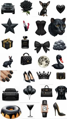 a bunch of different types of black and white items in the shape of animals, cats, birds, dogs