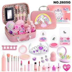 a pink suitcase filled with lots of different types of makeup and other things to put in it