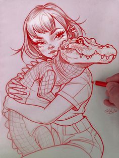 a drawing of a girl hugging a crocodile