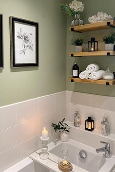 Bathroom ideas that will totally transform your bathroom into a haven. Simple bathroom decor to organize and revamp! Green Wall Bathroom Ideas, Small Bathroom Spa Decor Ideas, Sage Green Bathroom Decor Ideas, Grey And Sage Bathroom, Bathroom Green Decor, Decorated Bathrooms Ideas, Cream And Green Bathroom, Bathroom Ideas Sage Green, Boho Bathroom Color Schemes