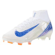 a white and blue soccer shoe on a white background