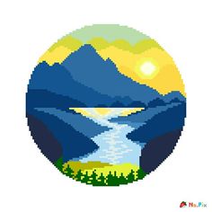 an image of a mountain with a river in the middle and sun rising over it