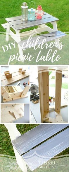 an outdoor picnic table made out of pallet wood and some paint on the top