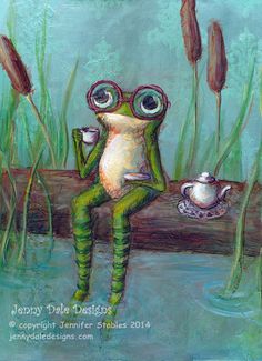 a painting of a frog sitting on a log in the water with a teapot