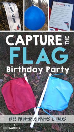 a collage of pictures with the words capture the flag birthday party written on it