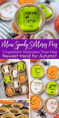 mini spooky smores pasts with halloween treats in them and text overlay that says, 3 ingredient halloween treat idea for autumn