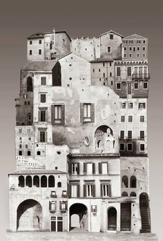 an old building with many windows and balconies on the roof, in black and white