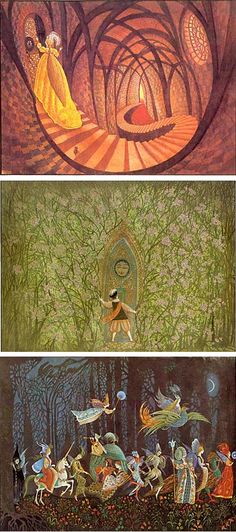 three paintings depicting different scenes from the fairy tale