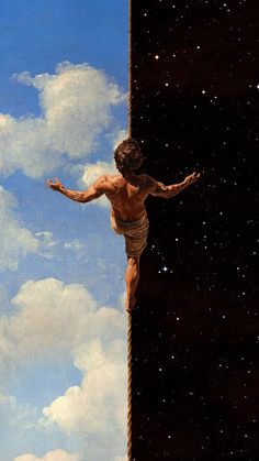 a painting of a man hanging on to the side of a building with clouds in the background