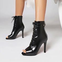 Lasaky - European Style Peep Toe Lace-up Ankle Boots with Stiletto Heels and Hollow Design - Ideal for Dance Performances and High-Heeled Shoe Enthusiasts Heeled Shoe, Rough Heels, Dance Heels, Zipper Heels, Pu Heels, Zipper Boots, Hollow Design, Lace Up Ankle Boots, High Heels Stilettos