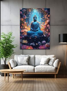 a buddha statue sitting on top of a white couch next to a potted plant