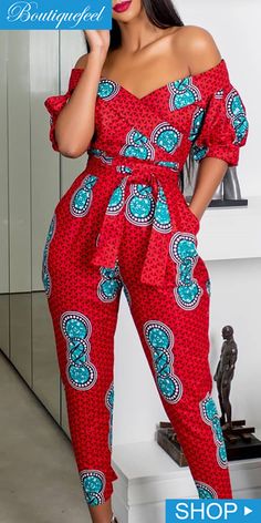 Off Shoulder Puffed Sleeve Print Jumpsuit African Jumpsuits For Women, African Jumpsuit, African Print Jumpsuit, Ghanaian Fashion, African Wear Dresses, African Maxi Dresses, Petite Jumpsuit