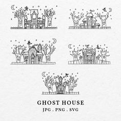 the ghost house is shown in black and white, as well as four other houses