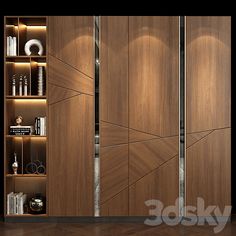 an image of a modern closet with wooden shelves and lighting in the room that is well lit