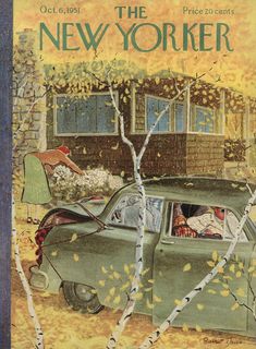 the new yorker magazine cover with an old green car parked in front of a house