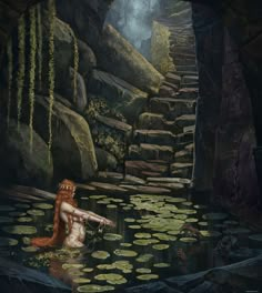 a painting of a woman sitting in the water with lily pads on her feet and holding a stick