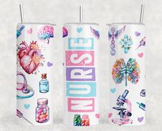 two tumbles with the words nurse on them and images of medical items around them