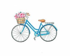 a drawing of a blue bicycle with flowers in the basket