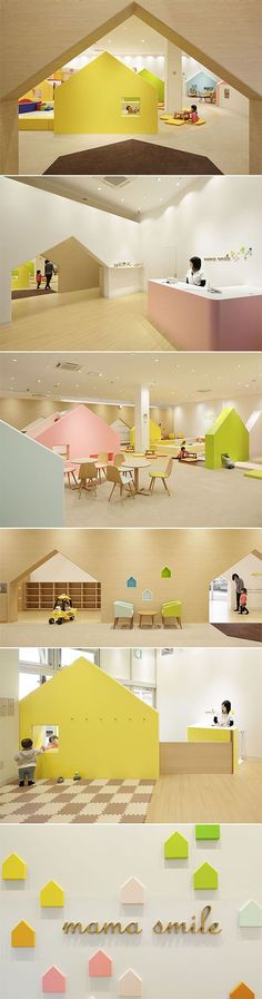 the inside of a building with different colored walls