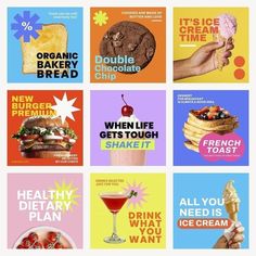 an advertisement with different types of food and drinks on it's sides, including ice cream