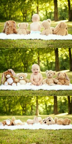 three pictures of babys and teddy bears in the grass with trees behind them,