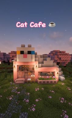 the cat cafe in minecraft is lit up with pink and blue lights on it's roof