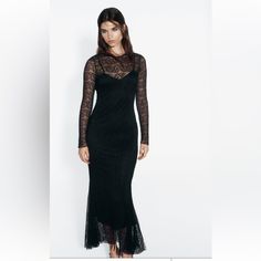 Nwt Size M Black Maxi Evening Dress For Fall, Sheer Winter Cocktail Dress, Sheer Cocktail Dress For Winter, Black Long Sleeve Summer Evening Dress, Winter Sheer Cocktail Dress, Sheer Lace Maxi Dress For Night Out, Winter Evening Midi Dress, Fall Party Maxi Dress With Sheer Details, Fall Party Sheer Maxi Dress