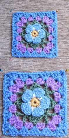 two crocheted squares with flowers on them