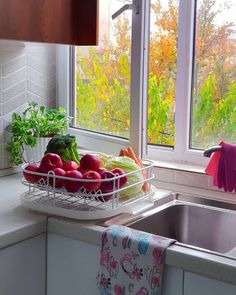 a bowl of vegetables sitting on top of a kitchen counter next to a sink and window