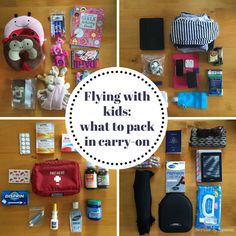 the contents of a child's travel bag laid out on top of a wooden table